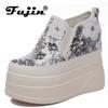 Fujin 13cm New Air Mesh Synthetic Platform Wedge Summer Slip On Flats Chunky Sneaker Casual Bling Leather Comfy High Brand Shoes