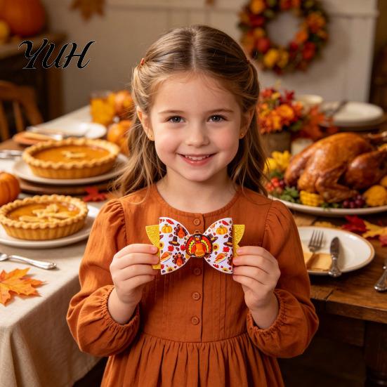 Faux Leather Hair Clips Thanksgiving Turkey Bow Clip for Girls, Decorative Pins, Autumn Seasonal Pieces Double Layer Glitter Clip, Cute Holiday Party