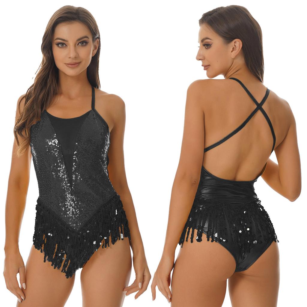 Купальник для латинских джазовых танцев, юбка с полой перекрещивающейся спиной, женская блестящая танцевальная одежда с бахромой
