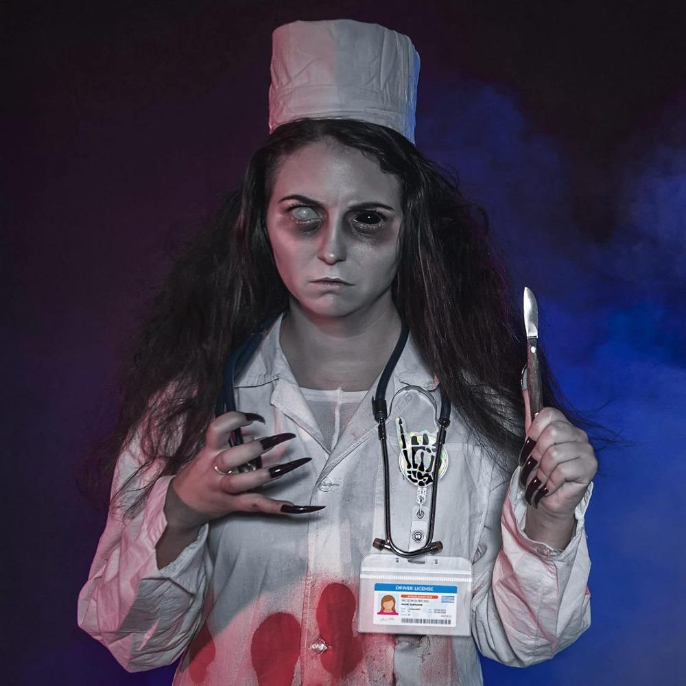 Набор из 4 штук хэллоуинских бейджей-катушек. Дизайны с привидениями и тыквами с блестками для медицинских работников и учителей.