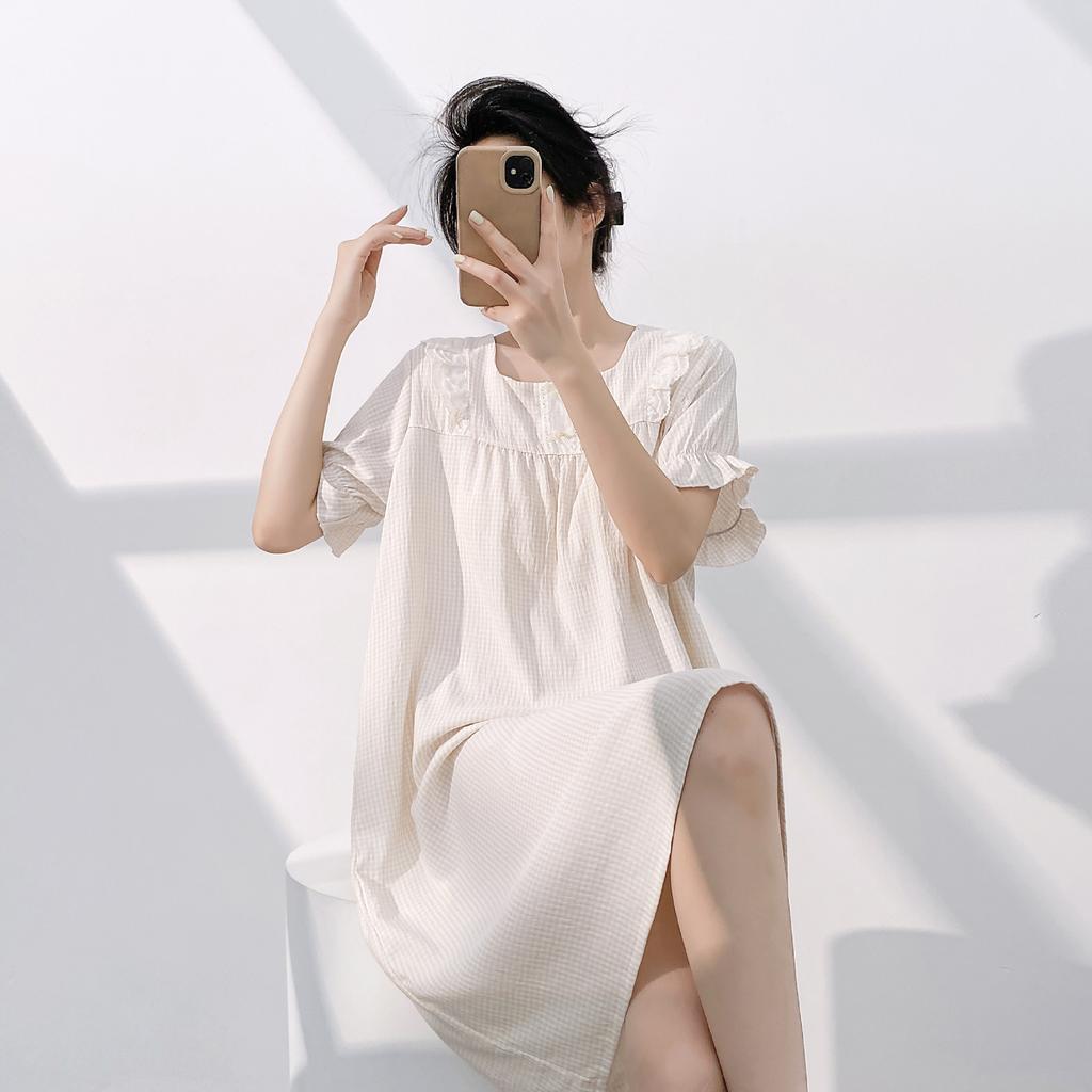 Princess style pajamas women's spring and summer new cloud cotton yarn-dyed lattice short-sleeved sweet nightdress loungewear with chest pad