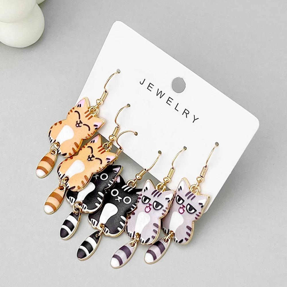 3 Pairs Fun and Cute Enamel Alloy Hanging Tail Cat Dangle Earrings Colored Cat Ear Jewelry Set Lovely Gift for Women Girls