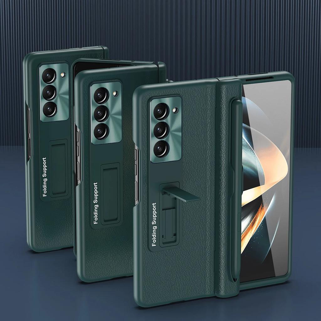 With Touch Pen Case For Samsung Galaxy Z Fold 7 Leather Hinge Fold 6 5 4 Screen Protector Tempered Film Folding Kickstand Cover
