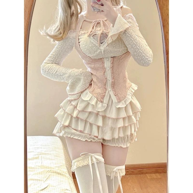 Kawaii Clothing Knitted Three Piece Tutu Skirts Sets Y2k Crop Blouse Mini Skirts Lolita Suit Japanese Korean Fashion Outfits