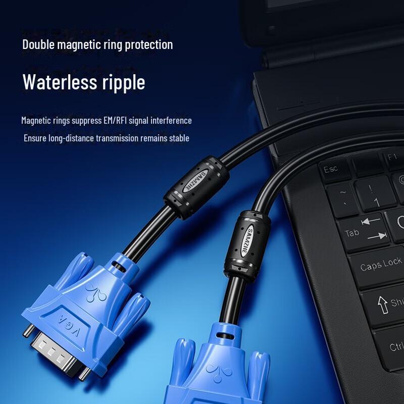 Кабель Shanze VGA с двойным магнитным кольцом и синей головкой (VGA3+6/3+9 Ядро) для компьютера, проектора, монитора.