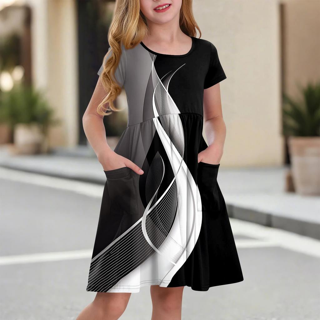 Детская юбка с круглым вырезом и коротким рукавом, платье принцессы, модное повседневное платье с карманами для девочек