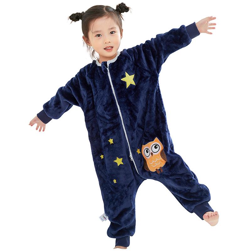Flannel Cartoon Split Leg Sleeping Bag, Autumn and Winter Cartoon One-piece Pajamas, Children's One-piece Home Clothes