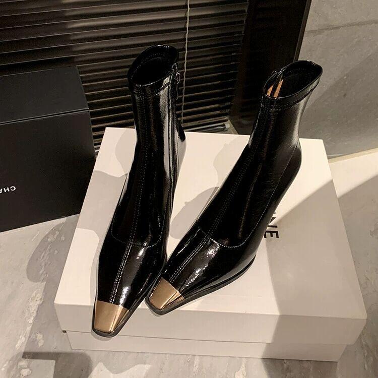 YX новые тонкие сапоги квадратный носок тонкий каблук боковая молния лакированная кожа но до колена женские железный носок высокий каблук короткие сапоги высокие сапоги