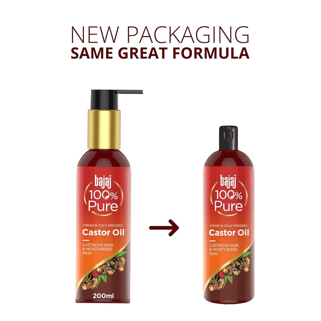 BAJAJ 100% Pure Castor Oil 200ml Natural Cold-Pressed Hair Skin Oil No Silicones Paraben Lead Free