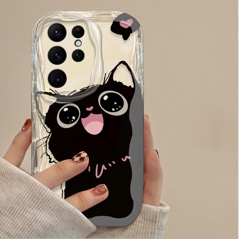 Мультяшный чехол с большими глазами черного кота для Samsung Galaxy S25 S24 Ultra S23 S22 S21 S20 Plus FE A56 A36 A26 A17 A07 Мягкий силиконовый чехол