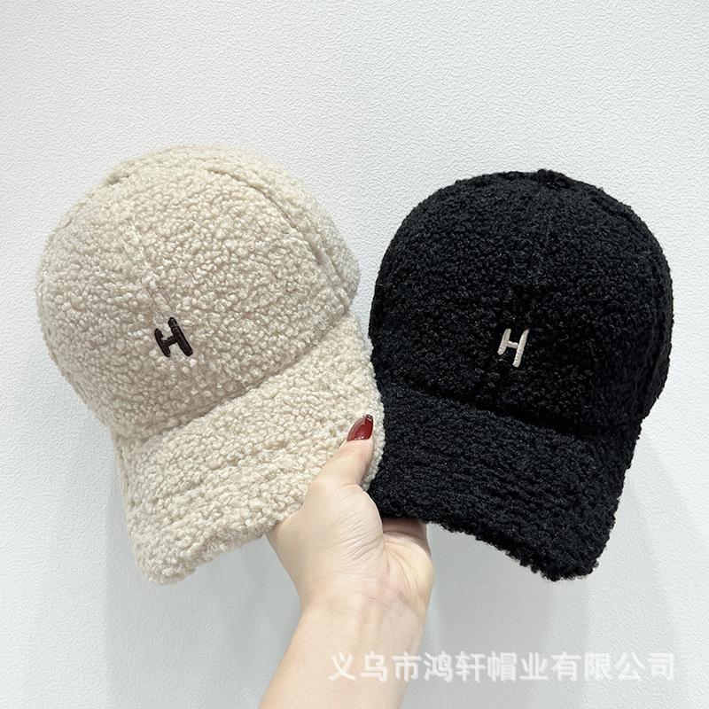 Autumn and winter new lamb wool embroidery H letter baseball cap children outdoor warm fashion versatile cap men