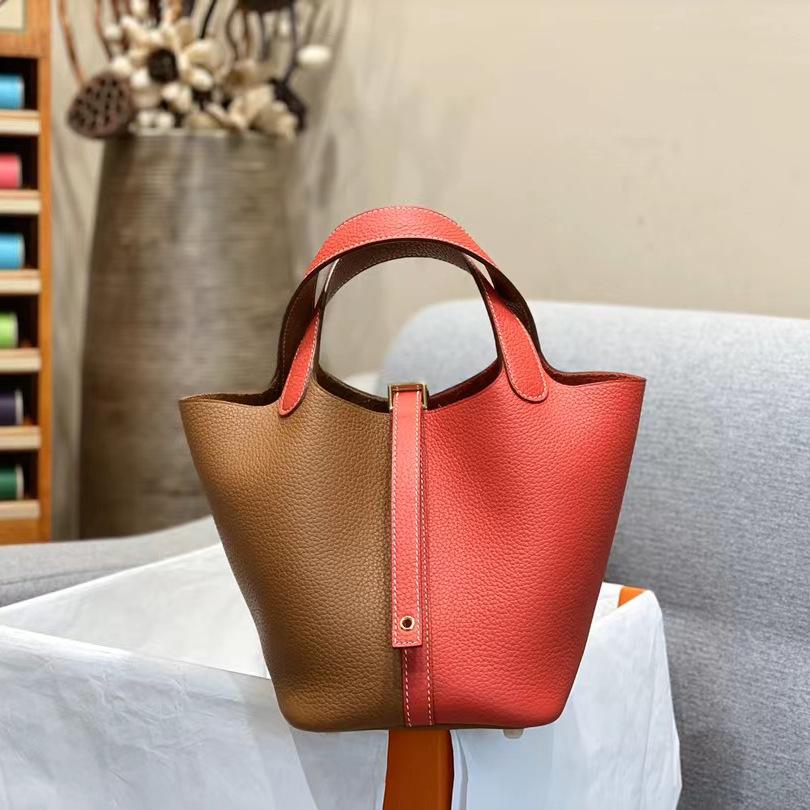 Корзина для овощей из воловьей кожи, сшитая вручную вощеной нитью для детей, обернутая в натуральную кожу с узором личи, сумка-ведро для воды для женщин