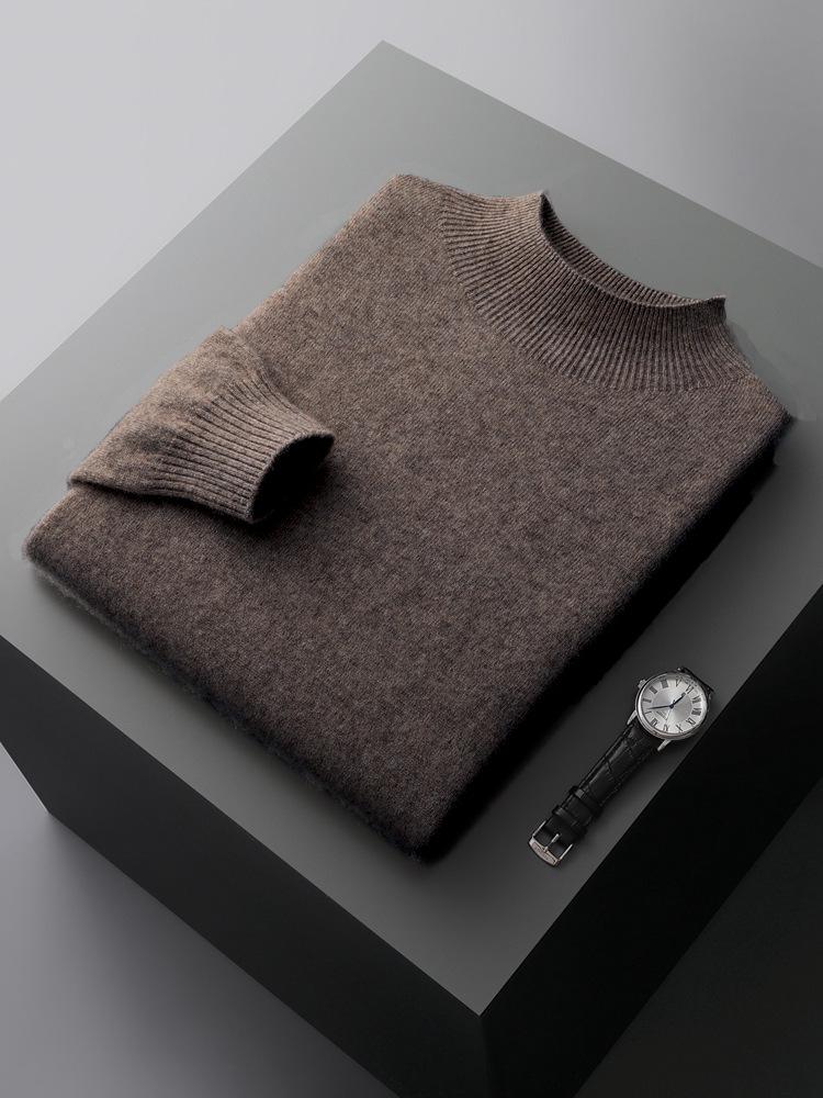 Men's Pure Wool Half-High Collar Solid Color Pullover Sweater - Loose, Plus Size, Warm Knitwear