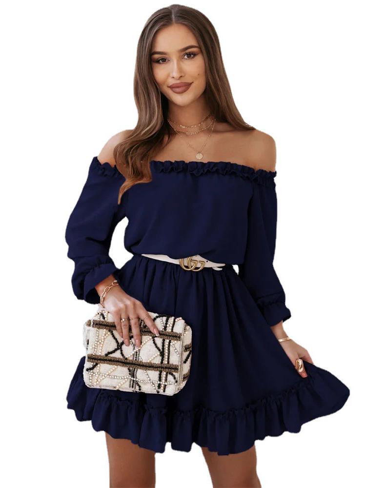 2022 Spring/Summer Women's Off-the-Shoulder Casual Solid Color Waist-Gathering Dress