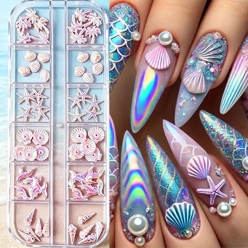 30/50/60pcs Aurora Pink White Ocean Shell Starfish Nail Charms 3D Mermaid Resin Conch Coconut tree Nail Gems Summer Nail Decor