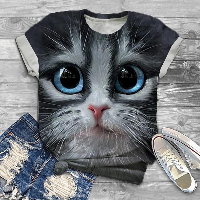 2022 Women Summer T Shirt Cute Cat with Big Eyes Print Short Sleeve Tees Casual Printed Tops For Women