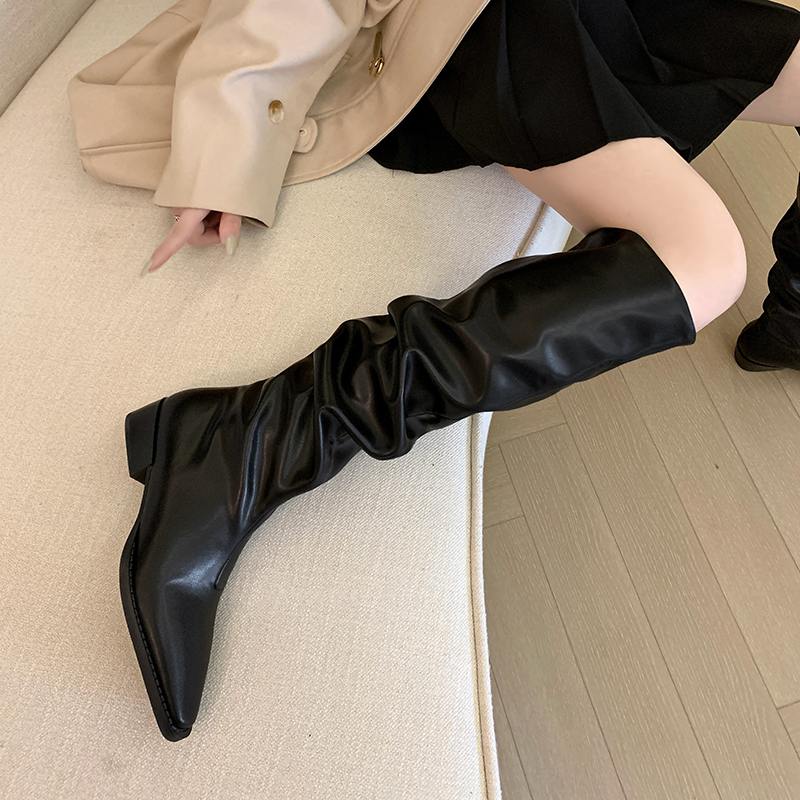 Krazing Pot Джинсовая осенне-зимняя обувь, круглый носок, толстый средний каблук, без шнуровки, плиссированные сапоги в стиле вестерн, женские сапоги до бедра