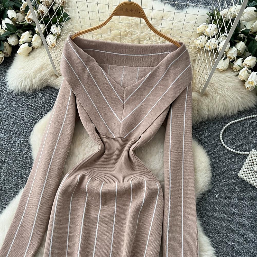 Осень Зима Женский Повседневный Вязаный Свитер с V-образным вырезом и длинным рукавом в полоску, Облегающее Платье-футляр