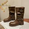 Осенние женские кожаные ботинки на платформе, трендовые роскошные дизайнерские байкерские ботинки, коричневые ковбойские ботинки в стиле ретро, сапоги до середины голени с металлической пряжкой
