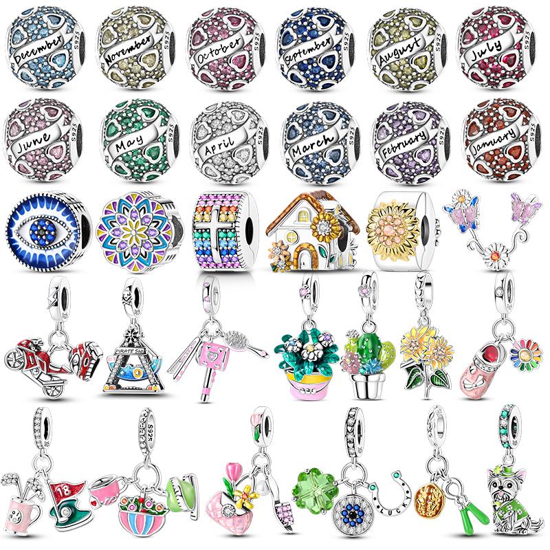 PAMELA 925 Silver Heart Birthstone Charm with Multi-color Zircon Flower Bead for Bracelet Best Gift