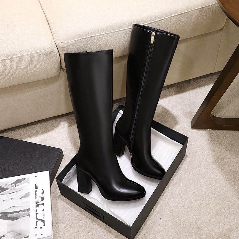 Женские сапоги на высоком каблуке, модный темперамент, осенне-зимние новые сапоги большого размера на толстом каблуке, однотонные, среднего размера
