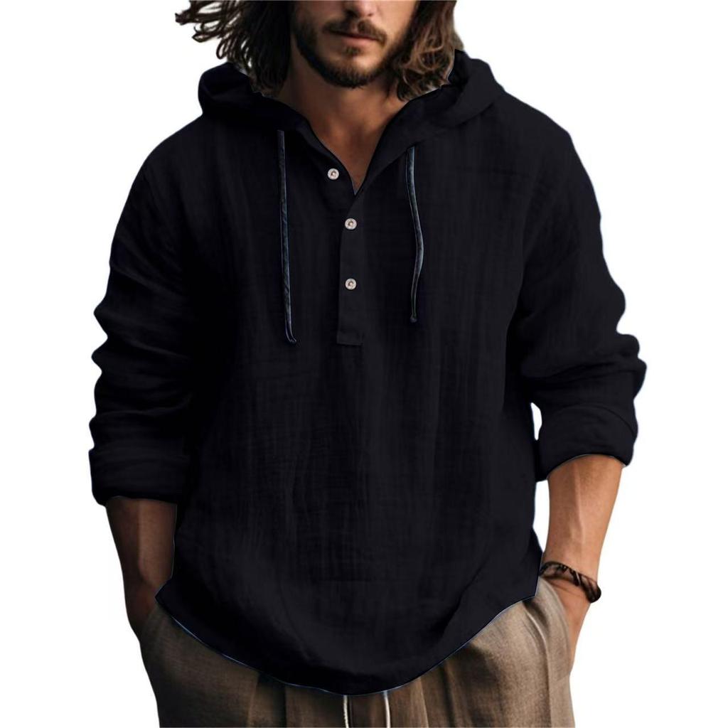 Men's Breathable Cotton Linen Hooded Shirt - Casual Long Sleeve Beach T-Shirt