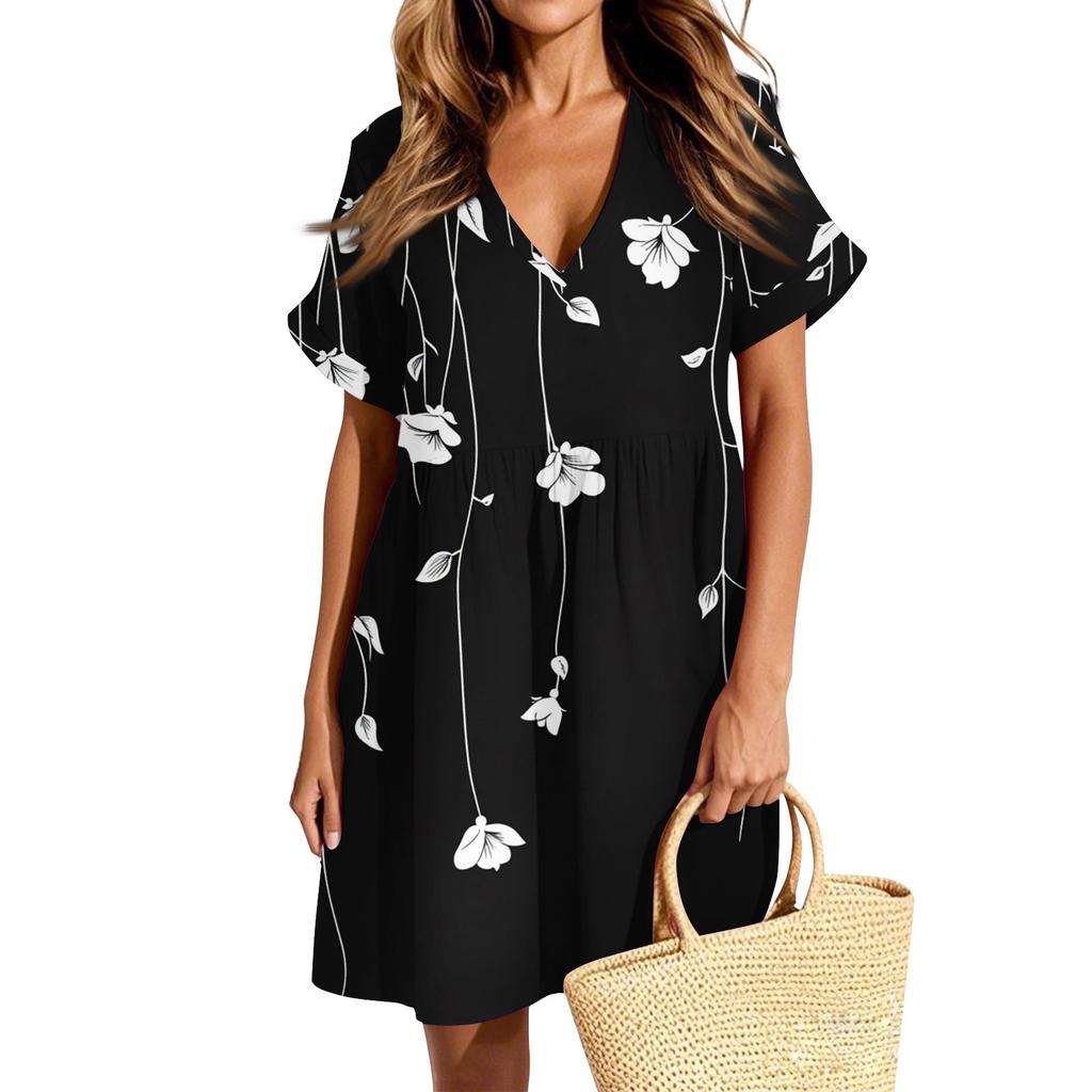 Женское повседневное модное платье с винтажным цветочным принтом и коротким рукавом и V-образным вырезом