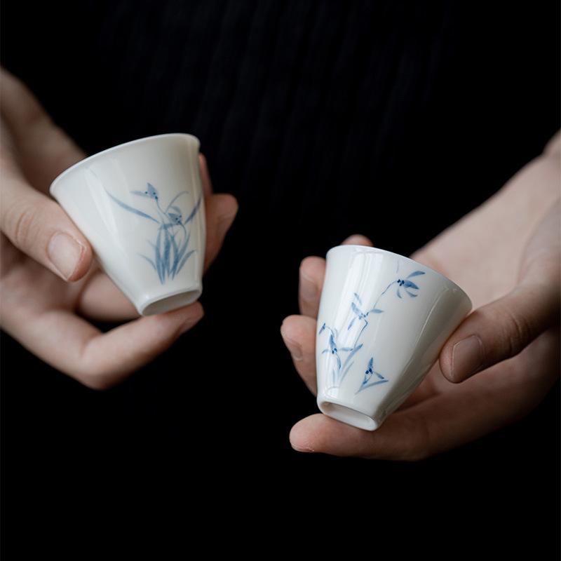 Ceramic Jade Clay Orchid Single Cup White Porcelain Chinese Style Kungfu Tea Cup Hand-painted Orchid Small Tea Cup
