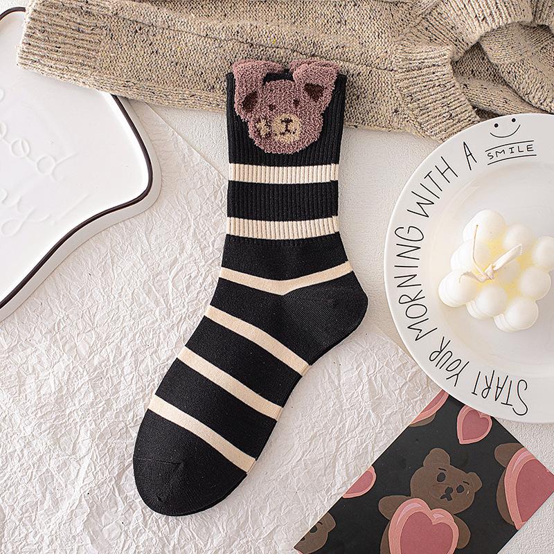 Кофейные носки женские полосатые чулки с перьями из пряжи медведя милые мультяшные носки Майяра