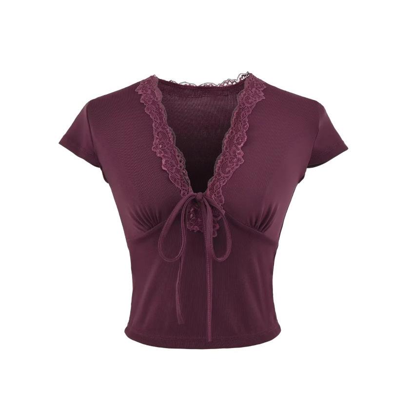 Lace splicing deep V-neck lace-up short-sleeved T-shirt women's summer new American Spice Girl style short open-button top