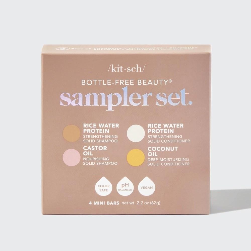 Kitsch 4-piece Sampler Set Rice Growth Castor Oil Coconut Oil Conditioner Shampoo Soap Zero Waste, 1 Box