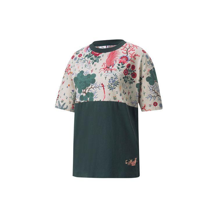 Puma Футболка X Liberty Aop с цветочным узором, вышитым логотипом, круглым вырезом, коротким рукавом, женские топы, темно-зеленый цвет 532886-80