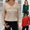 Женские топы V-образный вырез рукав-фонарик длинный рукав пуловер топы свободный крой однотонный цвет блестящие пайетки вечеринка блузка уличная одежда