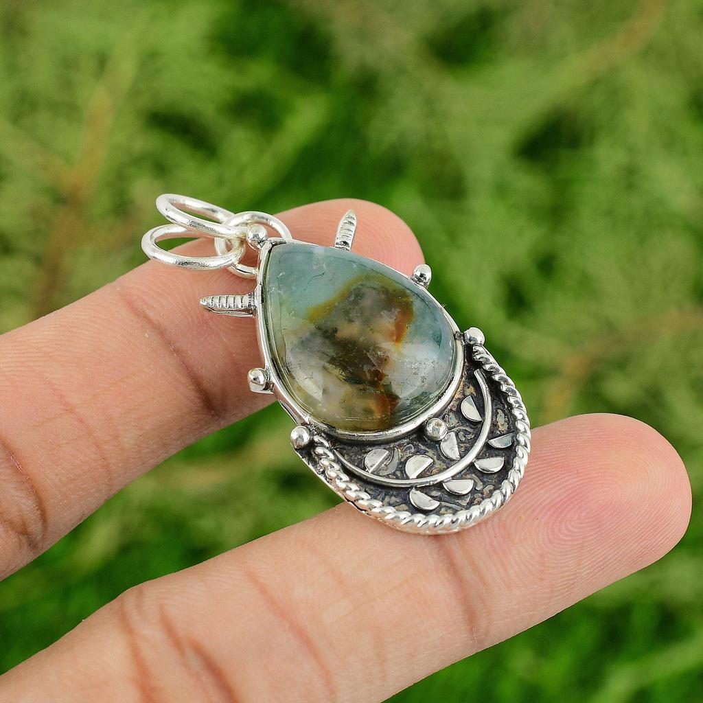 Daughters Day Sale Pear Solar Moss Agate Stone Engagement New Pendant 925 Silver