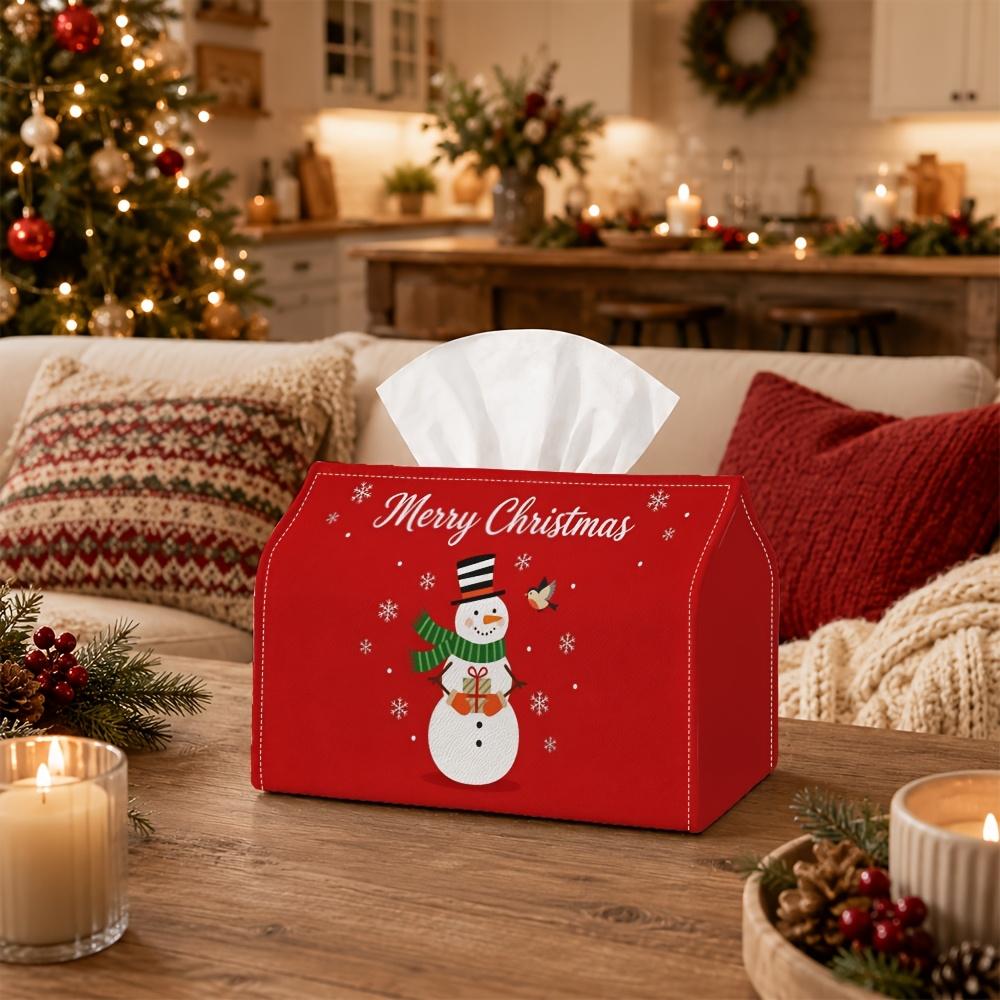 1pc Tissue Box Holder with Christmas Classic Winter Festive Design - Snowman Figure Holiday Text, Durable Polyester, Ideal for Kitchen, Living Room, B