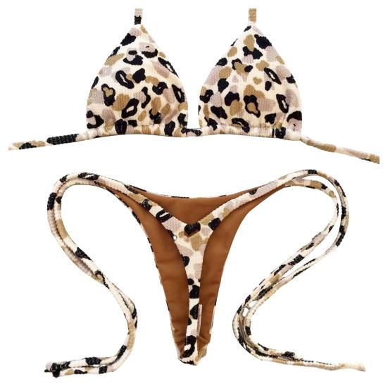 2Pcs/Set Sexy Women Bikini Set Leopard Print Halter Bra High Waist Lace-up