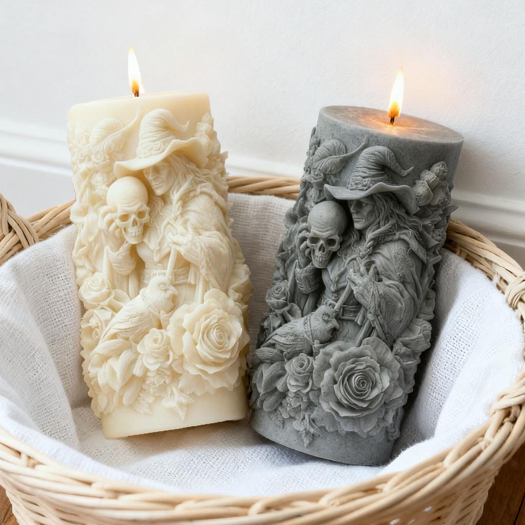 Форма для свечей с рельефом "Роза и Череп Волшебника" - Ароматическая свеча в темной тематике - Декор для дома, Демонстрирующий готическую эстетику