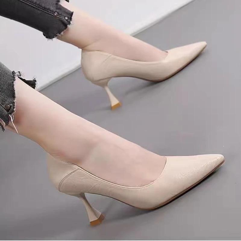 Женская Мода Туфли на Тонком Каблуке Осень Новые Остроносые С Мелким Вырезом Слипоны Темперамент Высокий Каблук Туфли с Низким Верхом