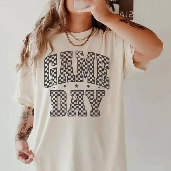Checkered Game Day T-Shirt Baseball Sports Mom Gift Womens Casual Wear Tee