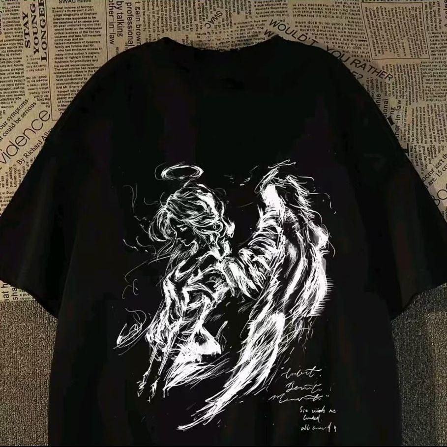Ink Wash Angel And Demon Unisex Oversized Tshirt Dark Aesthetic Sketch Graphic Tee Casual Streetwear Cotton Top For Unisex Wounisex