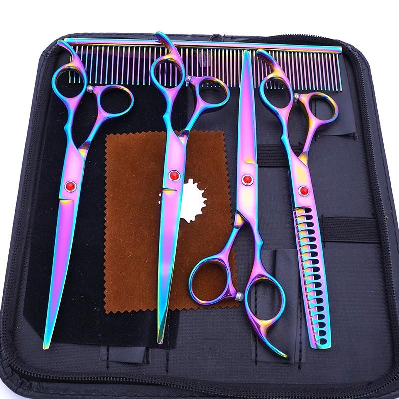 Professional Dog Grooming Scissors Set 7 Inch Stainless Steel Curved Straight Tooth Fishbone Kit Pet Hair Trimming