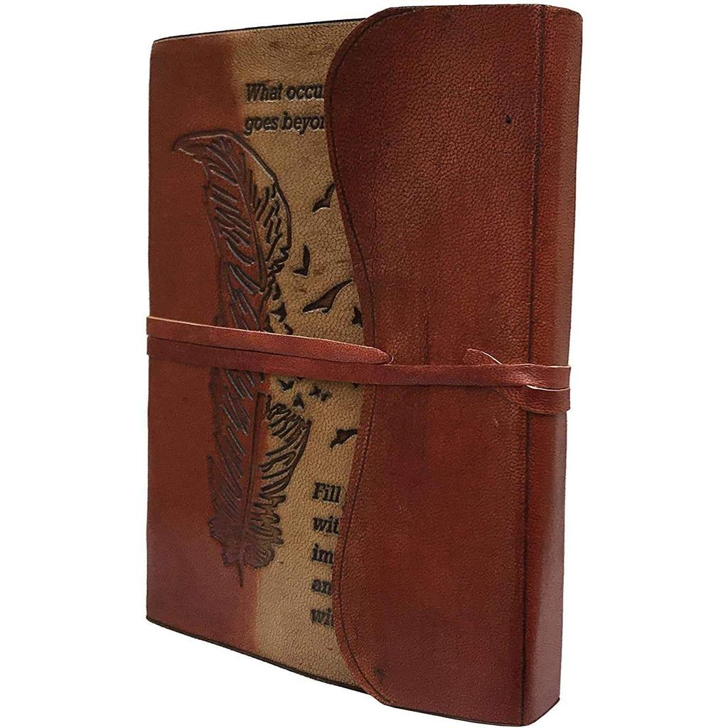 Кожаный журнал с перьями, дневник для путешествий, дневник или винтажная книга для эскизов, хлопковая бумага для мужчин и женщин (7x5 дюймов), коричневый