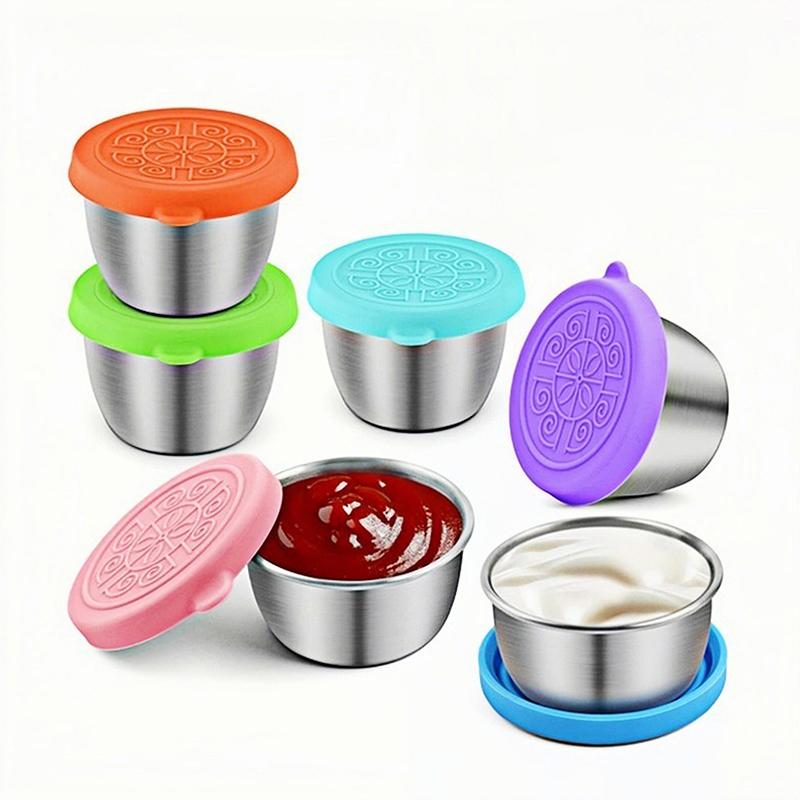 1/6 Piece Stainless Steel Sauce Cup With Lid Leak-Proof Salad Dressing Cup Reusable Salad Dressing Container Silicone Lid