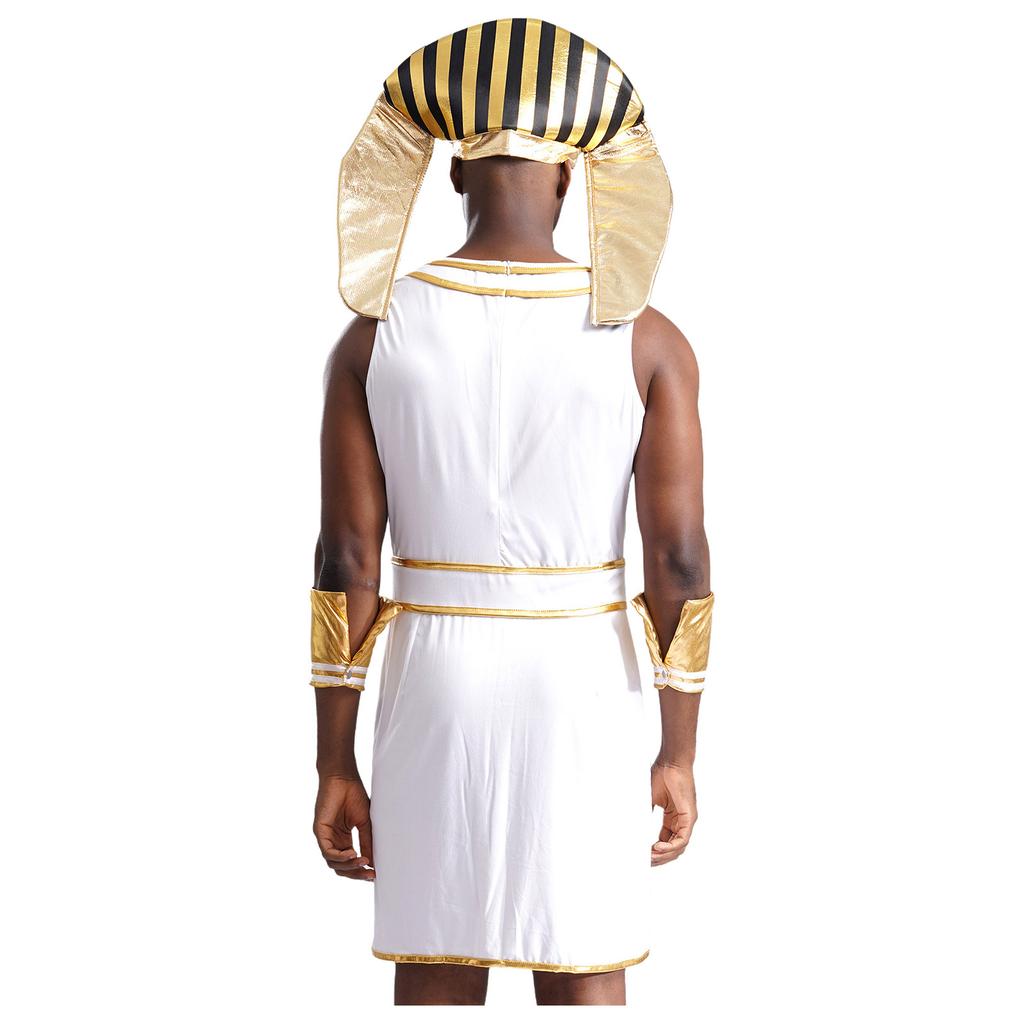 Mens Egyptian Pharaoh Costume Sleeveless Contrast Color Zipper Dress with Hat