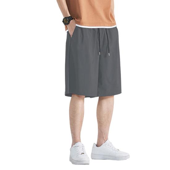 Men Shorts Adjustable Drawstring Waist Casual Trousers with Reinforced Pockets Solid Color Wide Leg Summer Sport Shorts