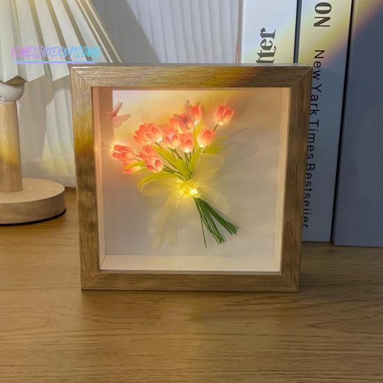 Ночник с цветком тюльпана, деревянная фоторамка ручной работы - 13/10/16, лента с цветами, квадратный подарок, сделай сам, светящийся букет тюльпанов, ночник