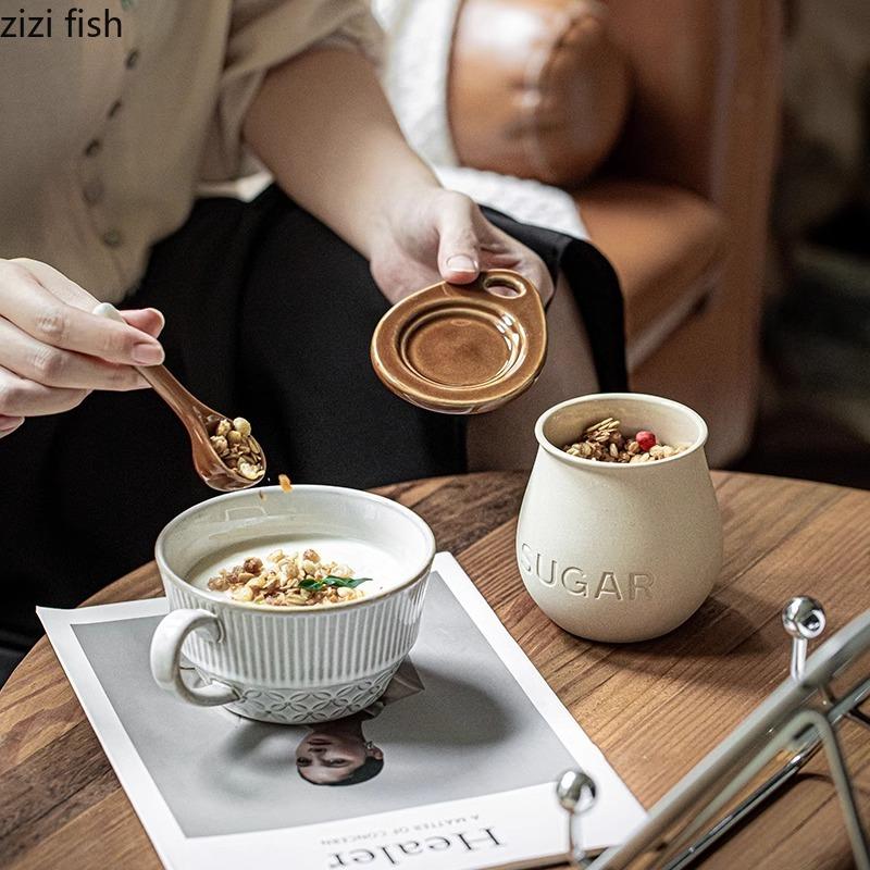 Винтажная керамическая банка для приправ с крышкой, набор ложек, креативная банка для соли, банка для сахара, емкость для свиного жира, кухонные креативные инструменты для приправ