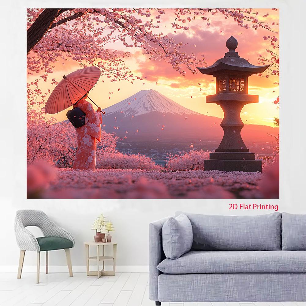 2D plane Fuji Mountain cherry blossom-themed background fabric enhances both indoor and outdoor atmosphere polyester fiber