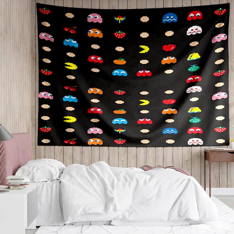 Pac-Man Print Tapestry, Backdrop, Easy Setup, Ideal for Bedroom, Office & Living Room, with Aesthetic Wall Hanging Decor.