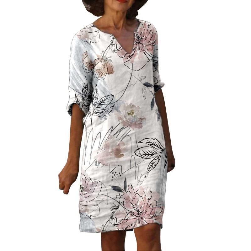 Women's Spring and Summer Fashion Painting Printed Five Sleeve Multi Color Medium Length Dress